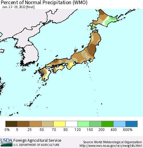 Japan Percent of Normal Precipitation (WMO) Thematic Map For 6/13/2022 - 6/19/2022