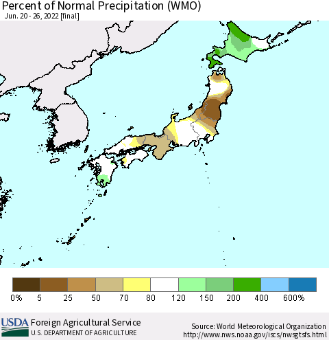 Japan Percent of Normal Precipitation (WMO) Thematic Map For 6/20/2022 - 6/26/2022