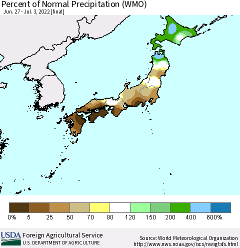Japan Percent of Normal Precipitation (WMO) Thematic Map For 6/27/2022 - 7/3/2022