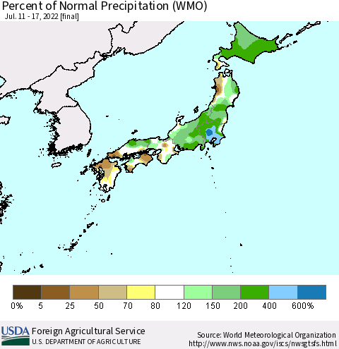 Japan Percent of Normal Precipitation (WMO) Thematic Map For 7/11/2022 - 7/17/2022