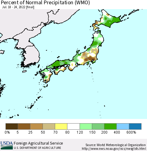 Japan Percent of Normal Precipitation (WMO) Thematic Map For 7/18/2022 - 7/24/2022