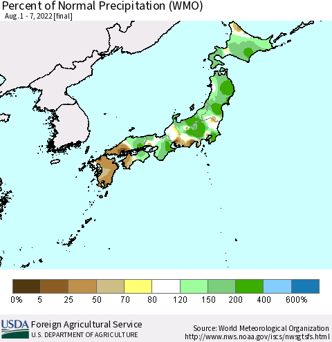 Japan Percent of Normal Precipitation (WMO) Thematic Map For 8/1/2022 - 8/7/2022