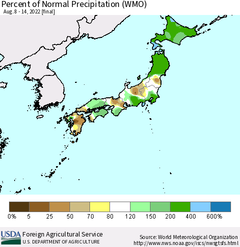 Japan Percent of Normal Precipitation (WMO) Thematic Map For 8/8/2022 - 8/14/2022
