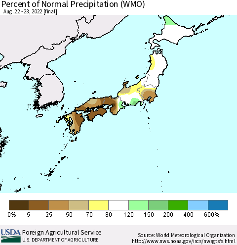 Japan Percent of Normal Precipitation (WMO) Thematic Map For 8/22/2022 - 8/28/2022