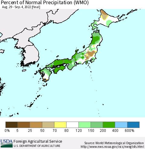 Japan Percent of Normal Precipitation (WMO) Thematic Map For 8/29/2022 - 9/4/2022