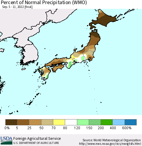 Japan Percent of Normal Precipitation (WMO) Thematic Map For 9/5/2022 - 9/11/2022