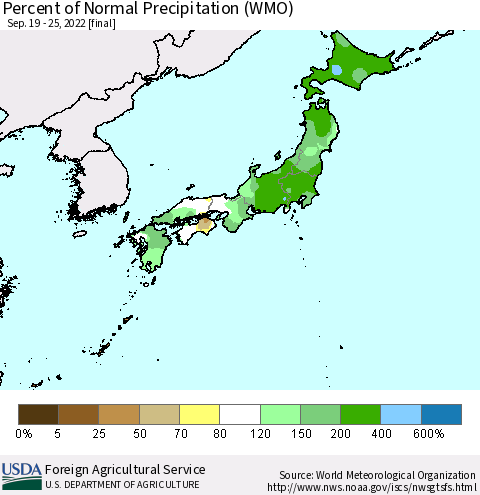 Japan Percent of Normal Precipitation (WMO) Thematic Map For 9/19/2022 - 9/25/2022