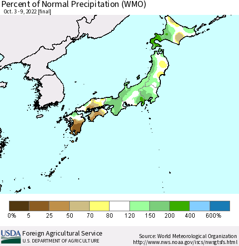 Japan Percent of Normal Precipitation (WMO) Thematic Map For 10/3/2022 - 10/9/2022