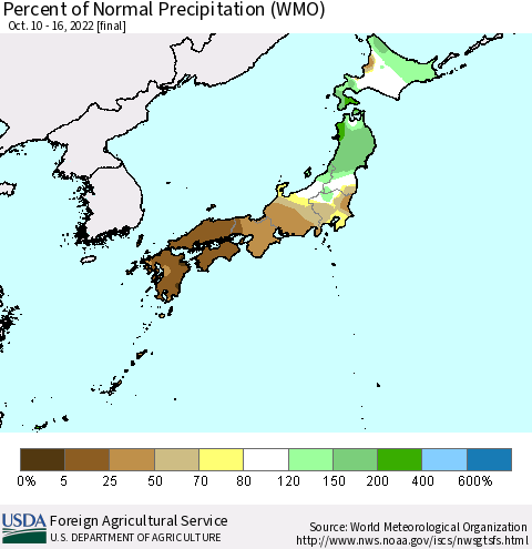 Japan Percent of Normal Precipitation (WMO) Thematic Map For 10/10/2022 - 10/16/2022