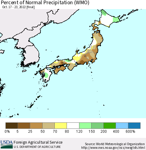 Japan Percent of Normal Precipitation (WMO) Thematic Map For 10/17/2022 - 10/23/2022