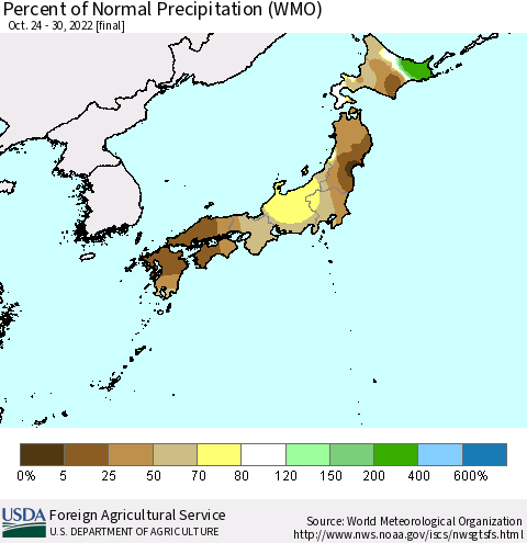 Japan Percent of Normal Precipitation (WMO) Thematic Map For 10/24/2022 - 10/30/2022