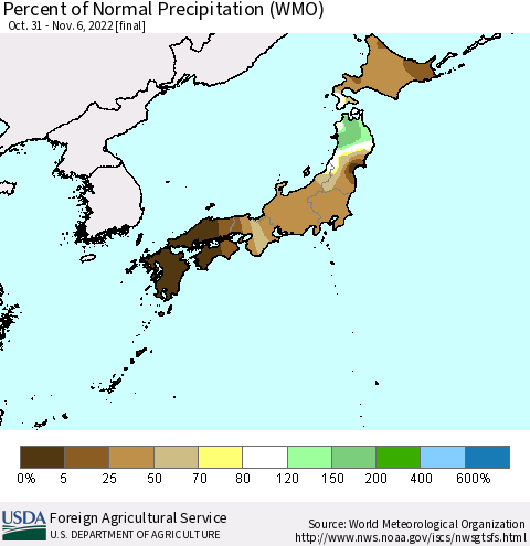 Japan Percent of Normal Precipitation (WMO) Thematic Map For 10/31/2022 - 11/6/2022