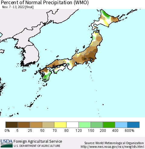 Japan Percent of Normal Precipitation (WMO) Thematic Map For 11/7/2022 - 11/13/2022