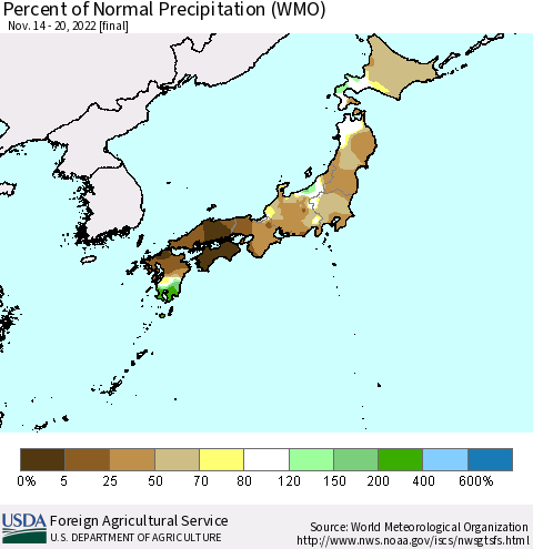 Japan Percent of Normal Precipitation (WMO) Thematic Map For 11/14/2022 - 11/20/2022