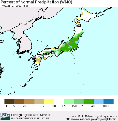 Japan Percent of Normal Precipitation (WMO) Thematic Map For 11/21/2022 - 11/27/2022
