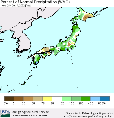 Japan Percent of Normal Precipitation (WMO) Thematic Map For 11/28/2022 - 12/4/2022