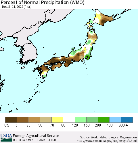 Japan Percent of Normal Precipitation (WMO) Thematic Map For 12/5/2022 - 12/11/2022