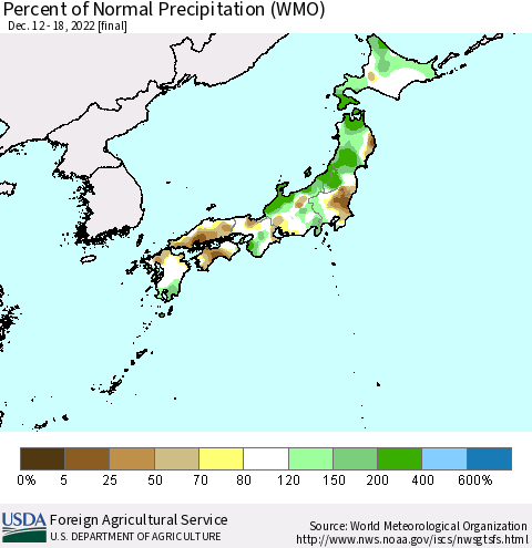 Japan Percent of Normal Precipitation (WMO) Thematic Map For 12/12/2022 - 12/18/2022