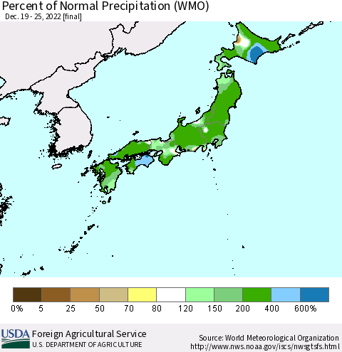 Japan Percent of Normal Precipitation (WMO) Thematic Map For 12/19/2022 - 12/25/2022
