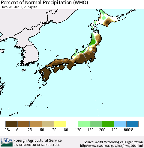 Japan Percent of Normal Precipitation (WMO) Thematic Map For 12/26/2022 - 1/1/2023