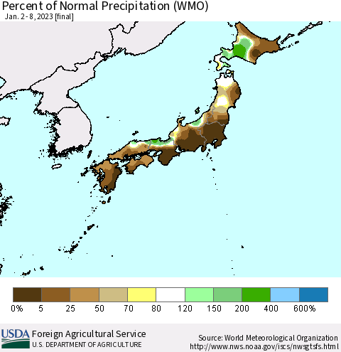 Japan Percent of Normal Precipitation (WMO) Thematic Map For 1/2/2023 - 1/8/2023