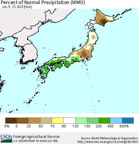Japan Percent of Normal Precipitation (WMO) Thematic Map For 1/9/2023 - 1/15/2023