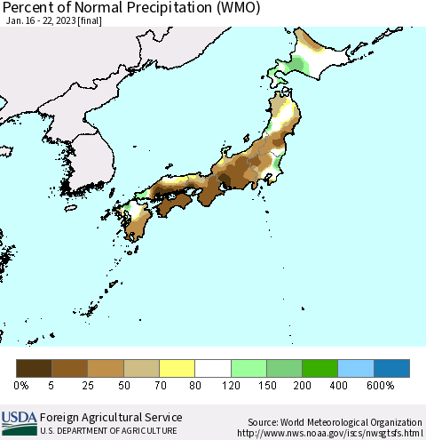 Japan Percent of Normal Precipitation (WMO) Thematic Map For 1/16/2023 - 1/22/2023