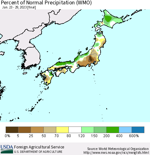 Japan Percent of Normal Precipitation (WMO) Thematic Map For 1/23/2023 - 1/29/2023