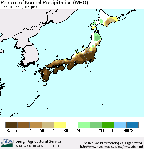 Japan Percent of Normal Precipitation (WMO) Thematic Map For 1/30/2023 - 2/5/2023