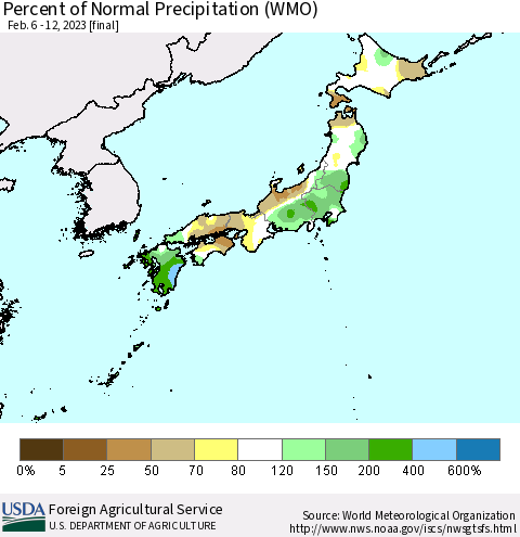 Japan Percent of Normal Precipitation (WMO) Thematic Map For 2/6/2023 - 2/12/2023