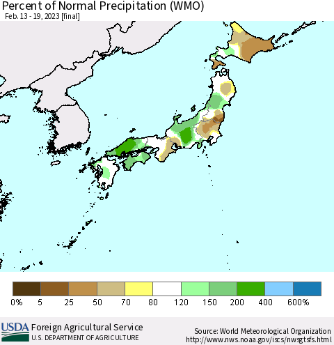 Japan Percent of Normal Precipitation (WMO) Thematic Map For 2/13/2023 - 2/19/2023