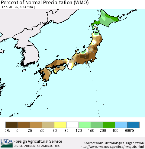 Japan Percent of Normal Precipitation (WMO) Thematic Map For 2/20/2023 - 2/26/2023