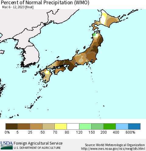 Japan Percent of Normal Precipitation (WMO) Thematic Map For 3/6/2023 - 3/12/2023
