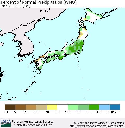 Japan Percent of Normal Precipitation (WMO) Thematic Map For 3/13/2023 - 3/19/2023