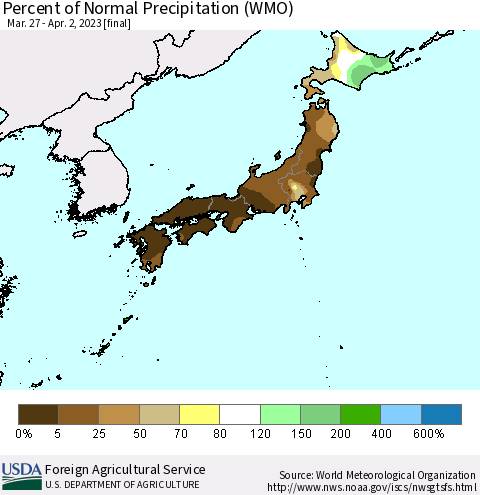 Japan Percent of Normal Precipitation (WMO) Thematic Map For 3/27/2023 - 4/2/2023