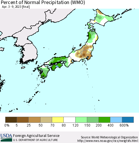 Japan Percent of Normal Precipitation (WMO) Thematic Map For 4/3/2023 - 4/9/2023
