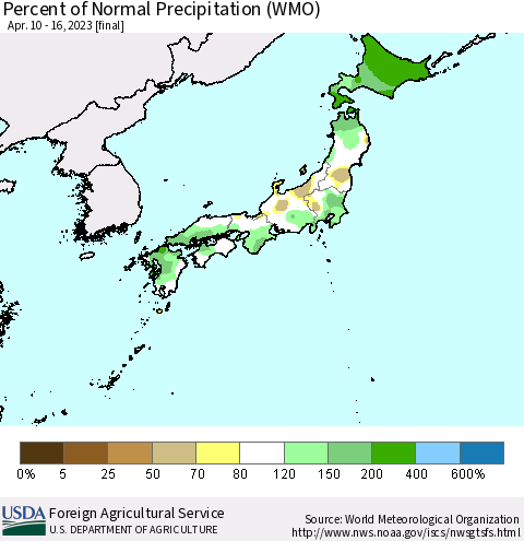 Japan Percent of Normal Precipitation (WMO) Thematic Map For 4/10/2023 - 4/16/2023