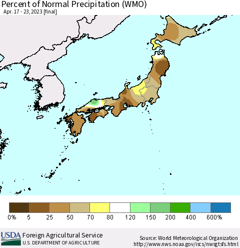 Japan Percent of Normal Precipitation (WMO) Thematic Map For 4/17/2023 - 4/23/2023