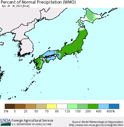 Japan Percent of Normal Precipitation (WMO) Thematic Map For 4/24/2023 - 4/30/2023