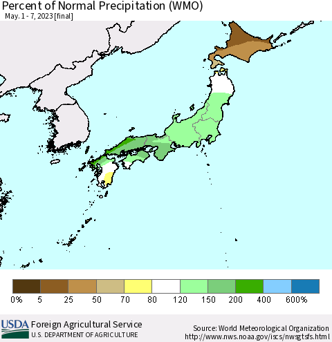 Japan Percent of Normal Precipitation (WMO) Thematic Map For 5/1/2023 - 5/7/2023