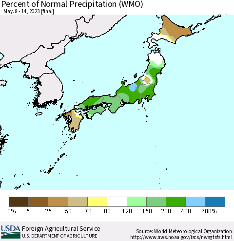Japan Percent of Normal Precipitation (WMO) Thematic Map For 5/8/2023 - 5/14/2023