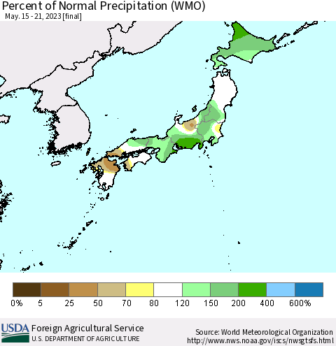 Japan Percent of Normal Precipitation (WMO) Thematic Map For 5/15/2023 - 5/21/2023