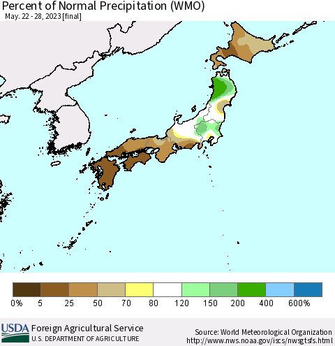 Japan Percent of Normal Precipitation (WMO) Thematic Map For 5/22/2023 - 5/28/2023