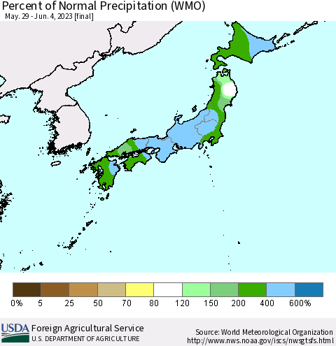 Japan Percent of Normal Precipitation (WMO) Thematic Map For 5/29/2023 - 6/4/2023