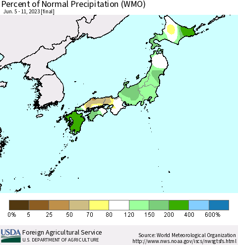 Japan Percent of Normal Precipitation (WMO) Thematic Map For 6/5/2023 - 6/11/2023