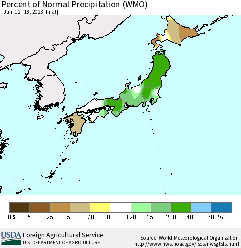 Japan Percent of Normal Precipitation (WMO) Thematic Map For 6/12/2023 - 6/18/2023