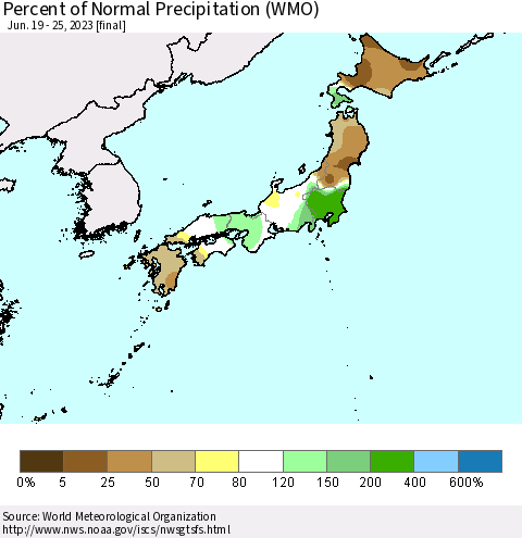 Japan Percent of Normal Precipitation (WMO) Thematic Map For 6/19/2023 - 6/25/2023