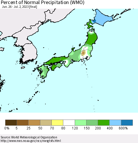 Japan Percent of Normal Precipitation (WMO) Thematic Map For 6/26/2023 - 7/2/2023