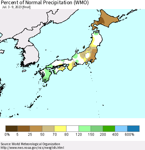 Japan Percent of Normal Precipitation (WMO) Thematic Map For 7/3/2023 - 7/9/2023