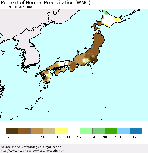 Japan Percent of Normal Precipitation (WMO) Thematic Map For 7/24/2023 - 7/30/2023